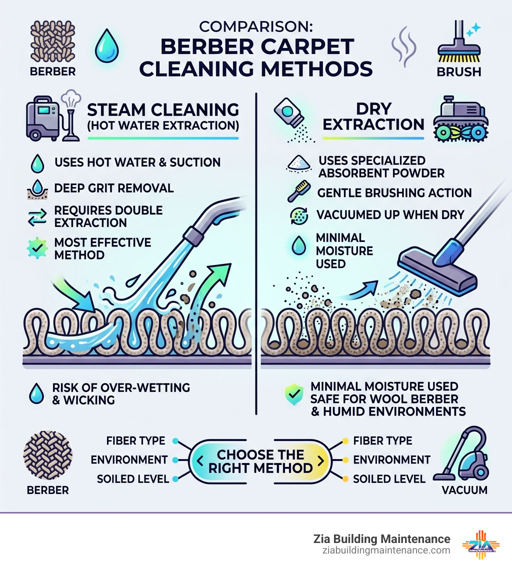 Comparison of steam cleaning vs. dry extraction for Berber - cleaning berber carpet infographic Comparison of steam cleaning vs. dry extraction for Berber - cleaning berber carpet infographic
