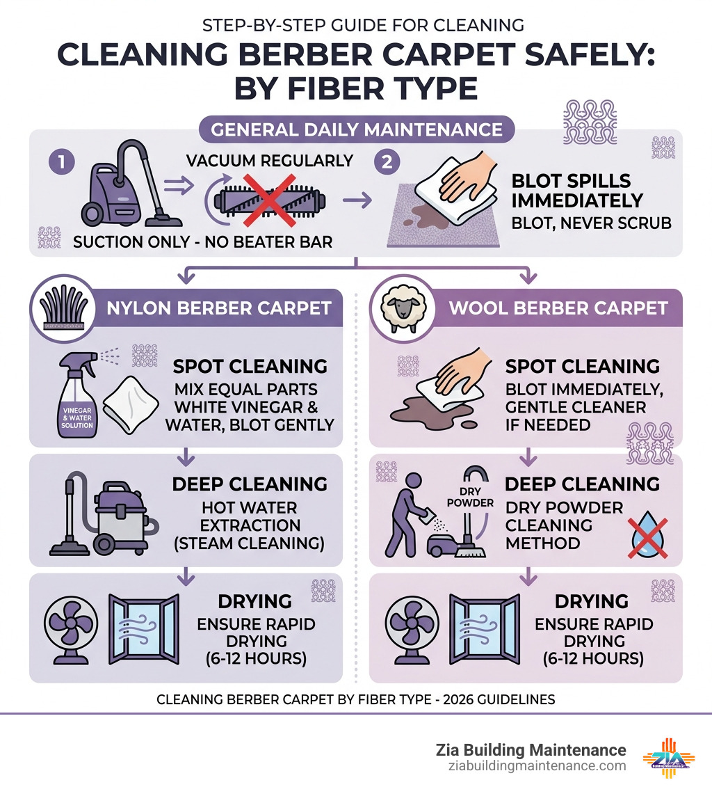 Step-by-step infographic for cleaning Berber carpet safely by fiber type - cleaning berber carpet infographic Step-by-step infographic for cleaning Berber carpet safely by fiber type - cleaning berber carpet infographic