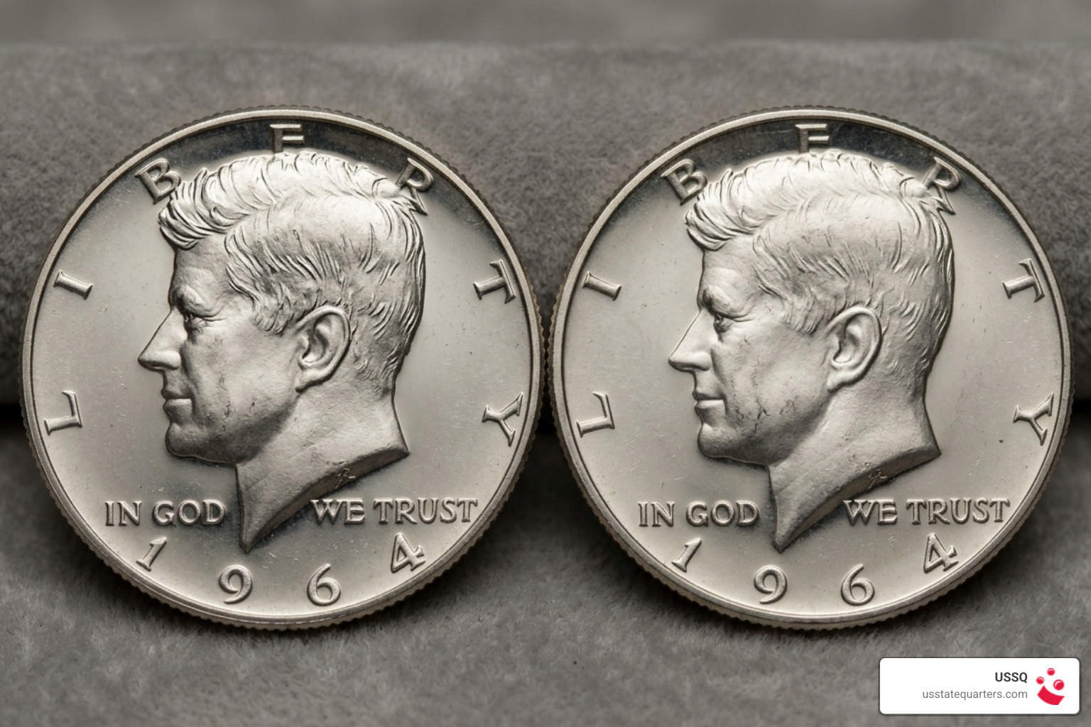 Comparison of 1964 Proof Kennedy half dollar standard hair vs accented hair detail - Kennedy half dollars