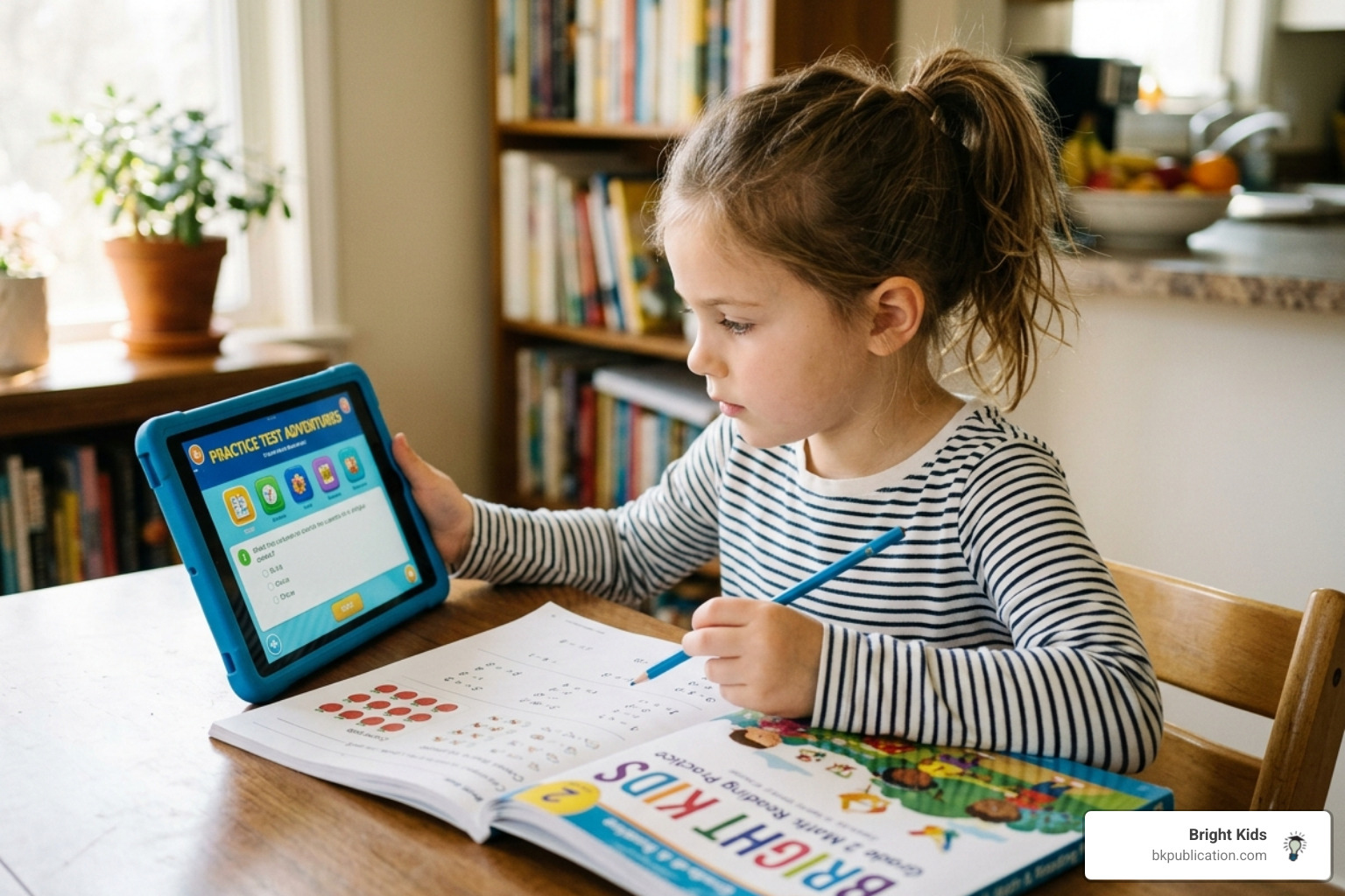 A child using a Bright Kids workbook alongside a digital tablet for practice - gifted child test prep
