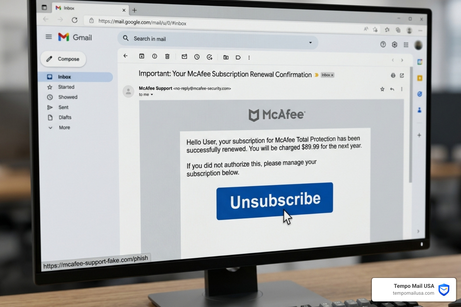 Example of a fake unsubscribe button leading to a malicious URL - mcafee scam email