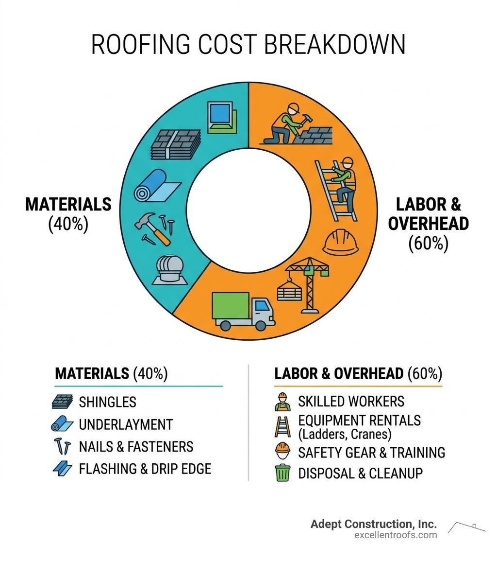 Roofing Cost Breakdown: 40% Materials vs 60% Labor and Overhead - replace asphalt shingle roof infographic 