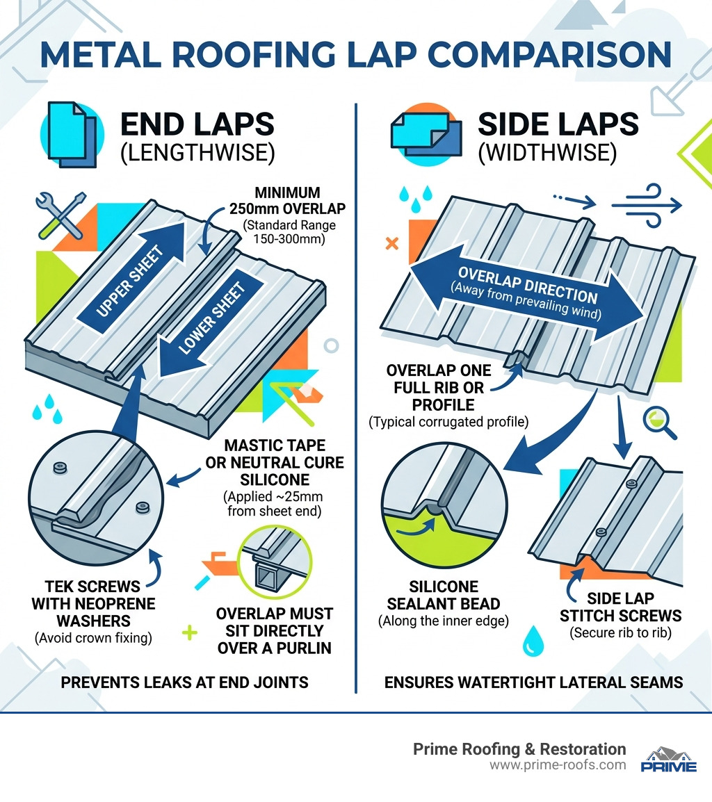 Infographic comparing end laps vs side laps in metal roofing, showing overlap direction, measurements, and sealing points Infographic comparing end laps vs side laps in metal roofing, showing overlap direction, measurements, and sealing points
