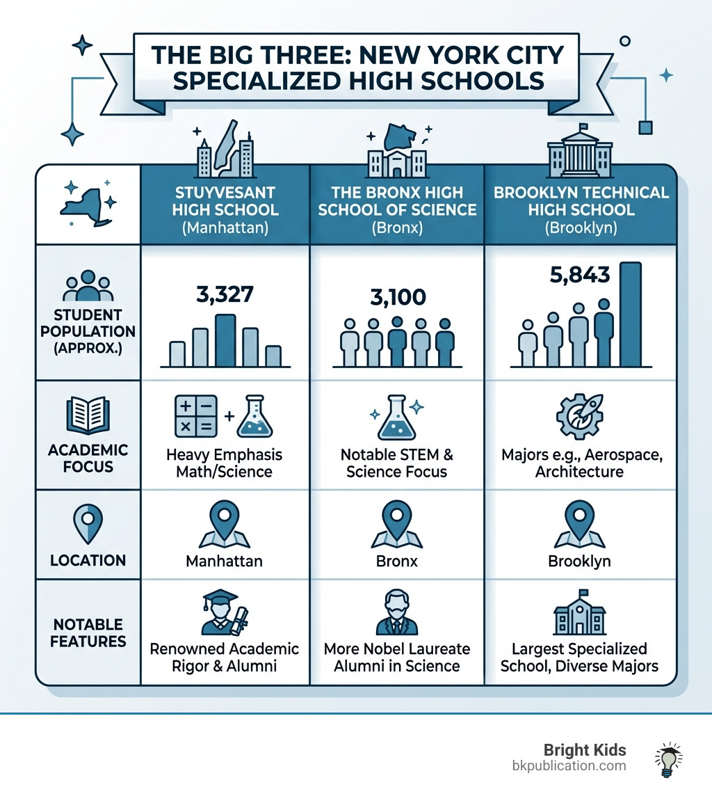 Table comparing the Big Three schools: Stuyvesant (3,327 students), Bronx Science (3,100 students), and Brooklyn Tech (5,843