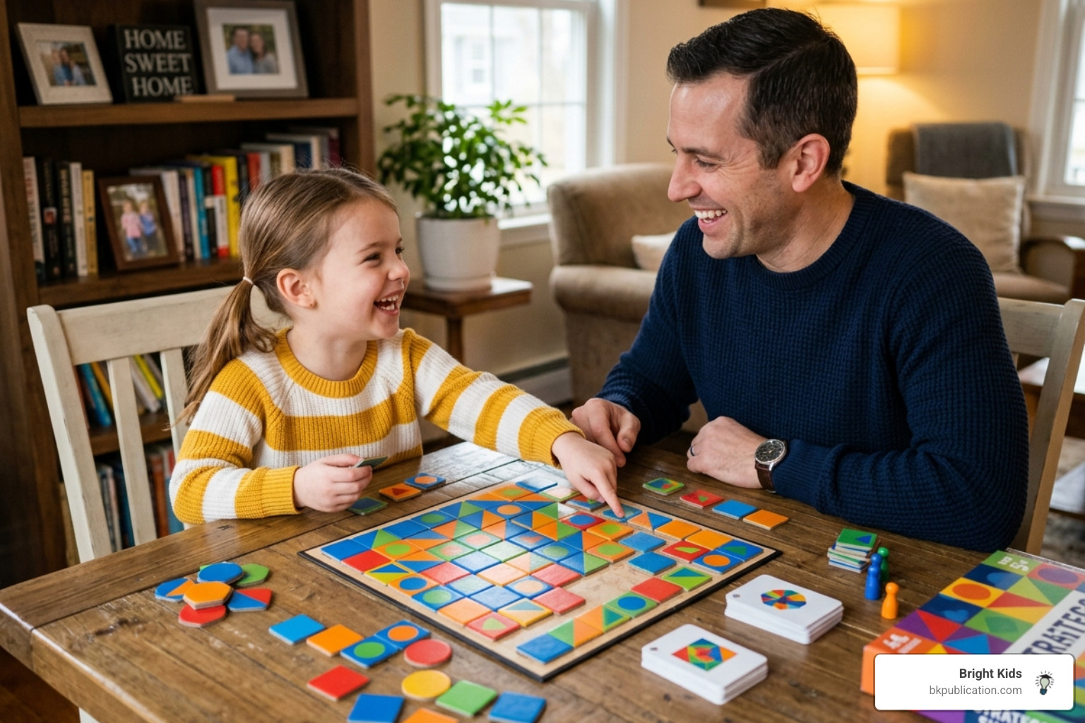 A parent and child laughing while playing a strategic pattern-matching board game - G&T admission practice tests