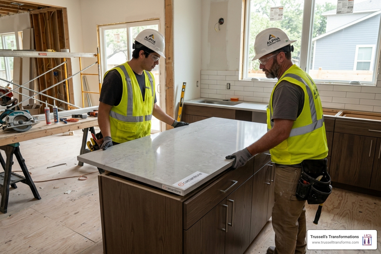 Licensed Contractors Carefully Installing A Large Caesarstone Quartz Slab - Caesarstone Quartz Installation Licensed Contractors Carefully Installing A Large Caesarstone Quartz Slab - Caesarstone Quartz Installation