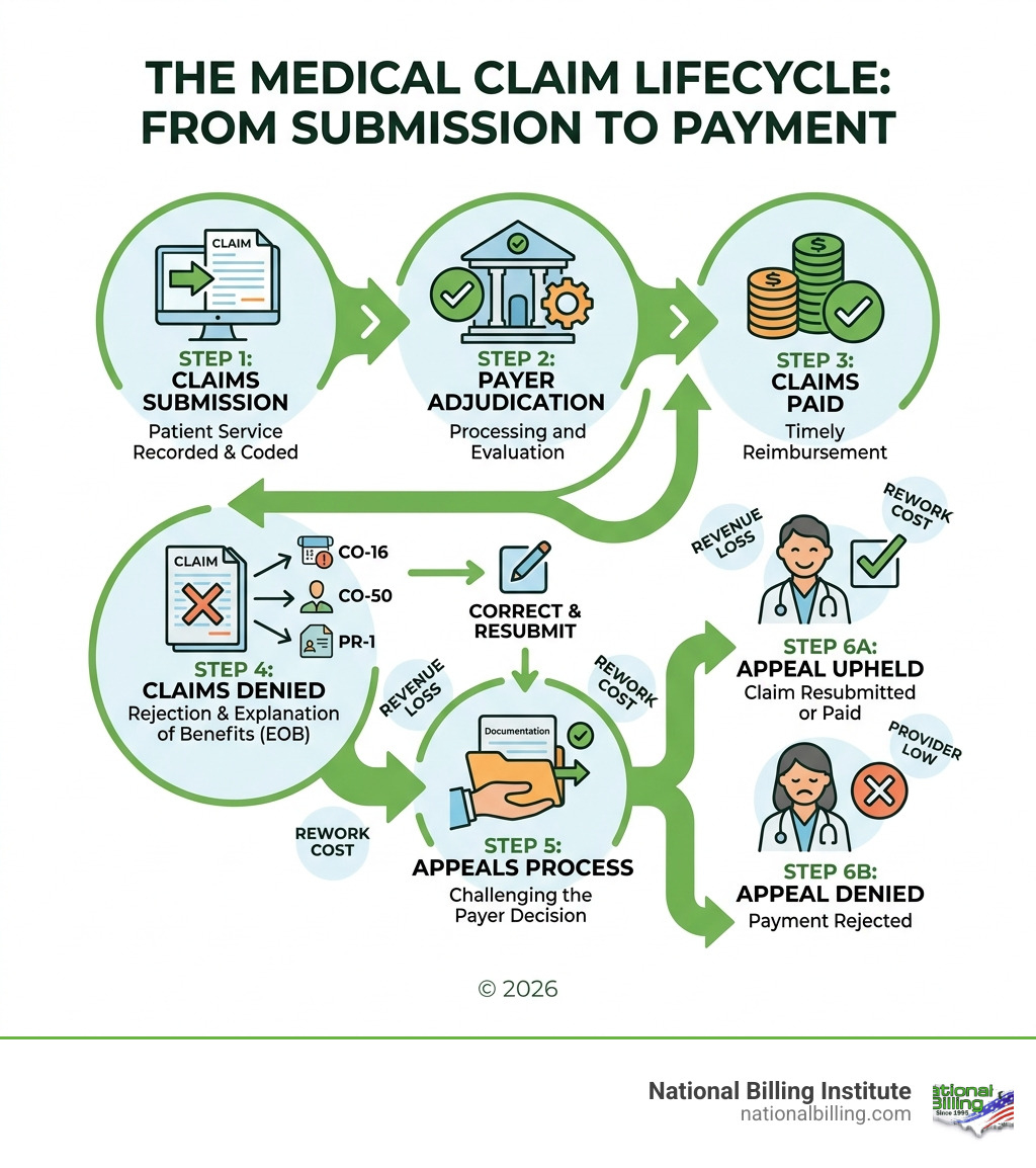 Lifecycle of a medical claim from submission to payment, showing denial and appeal stages - medical billing denial codes Lifecycle of a medical claim from submission to payment, showing denial and appeal stages - medical billing denial codes