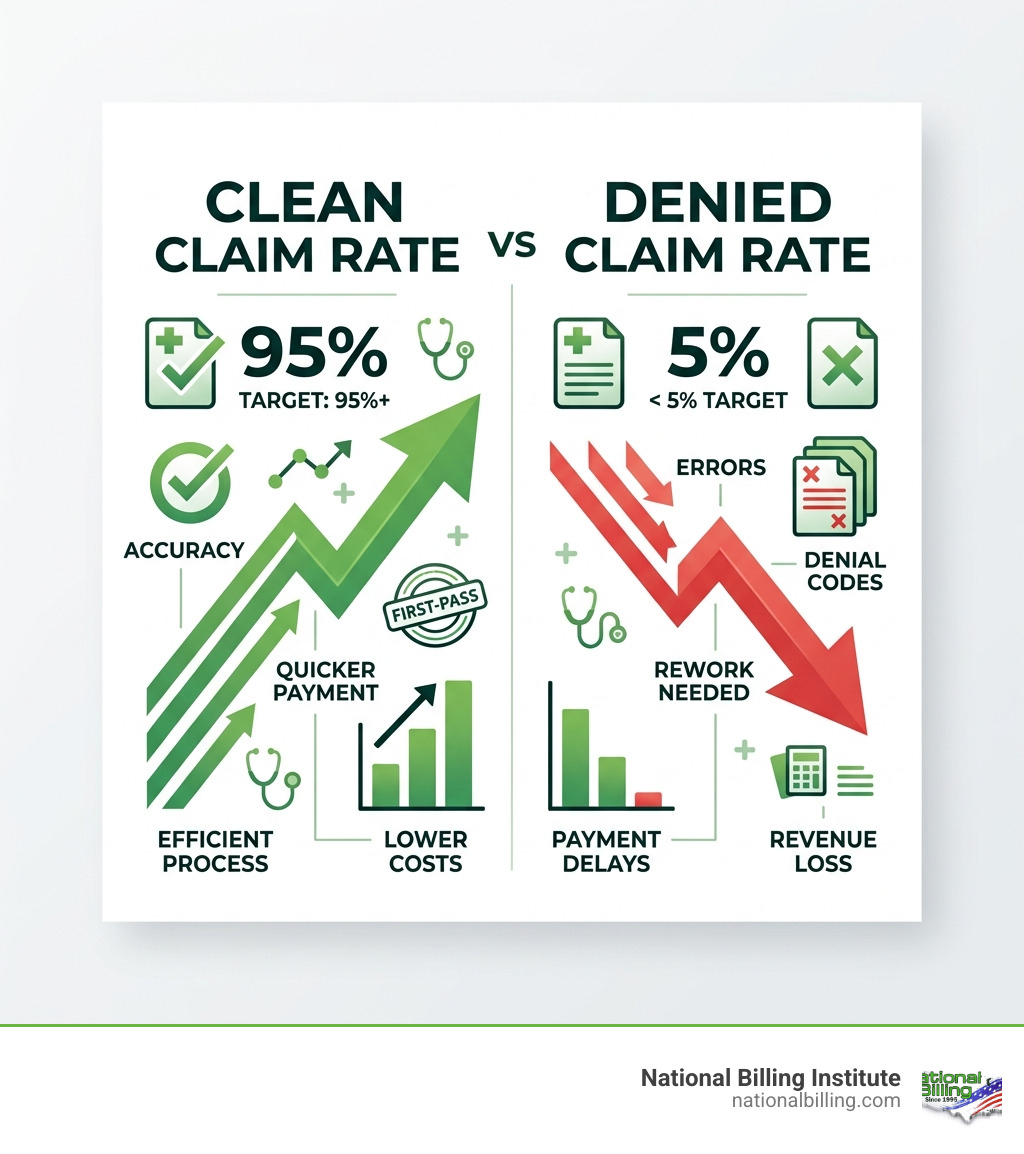 Comparison of clean claim rates vs. denied claim rates - medical billing denial codes infographic Comparison of clean claim rates vs. denied claim rates - medical billing denial codes infographic