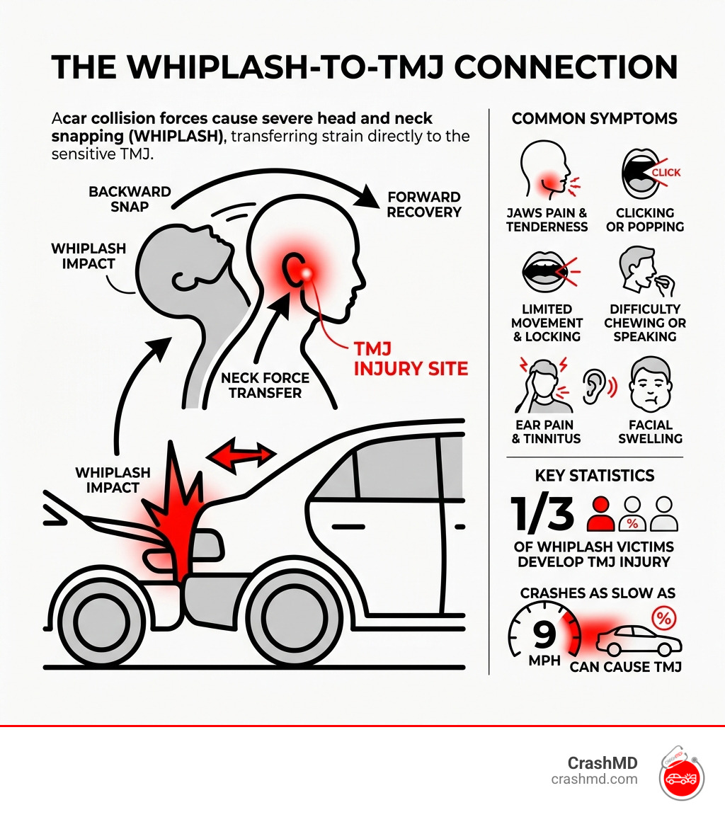 Infographic showing whiplash-to-TMJ injury connection, symptoms, and key statistics - TMJ disorder after wreck infographic Infographic showing whiplash-to-TMJ injury connection, symptoms, and key statistics - TMJ disorder after wreck infographic