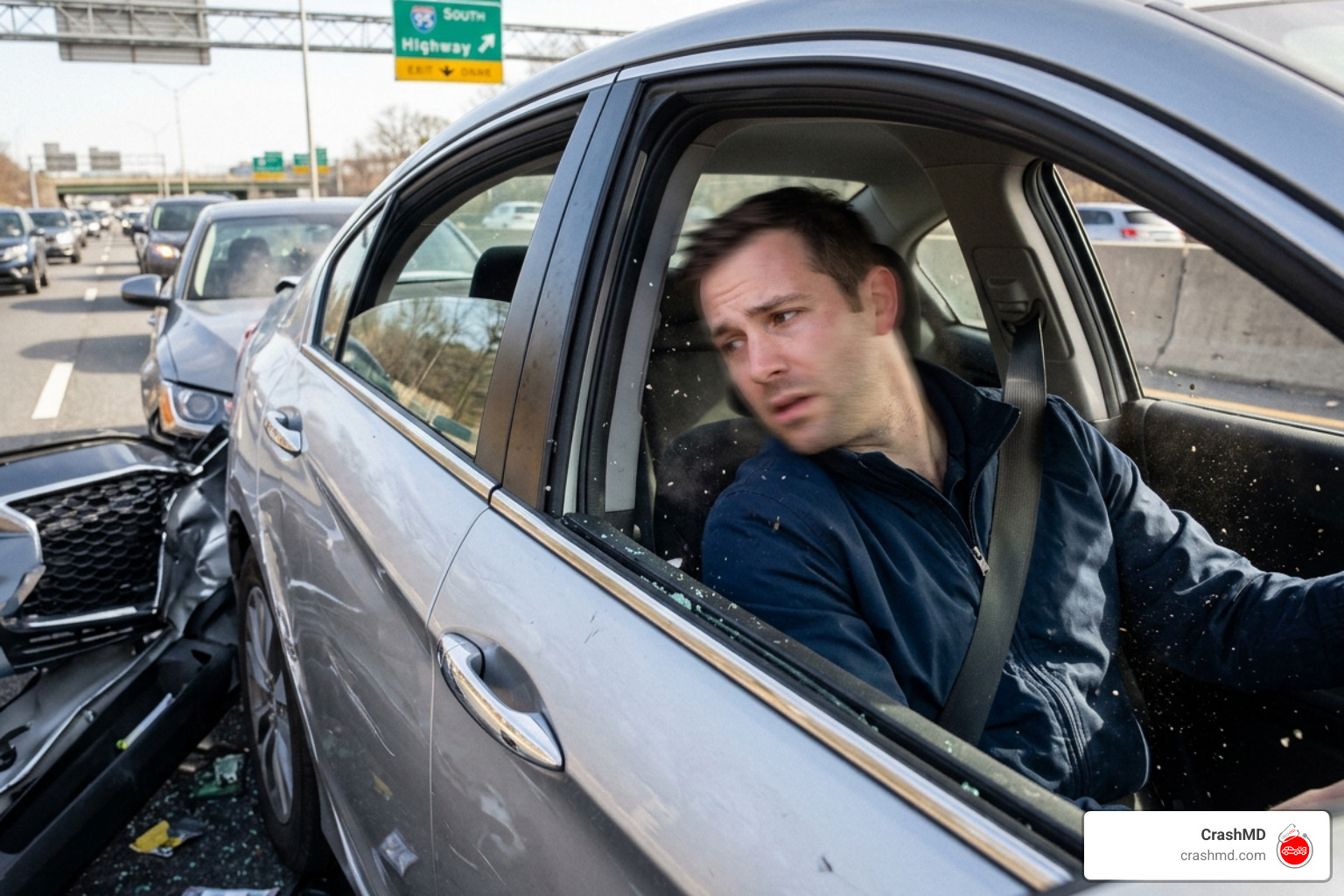 Car collision impact showing force transfer to the head and neck - TMJ disorder after wreck Car collision impact showing force transfer to the head and neck - TMJ disorder after wreck