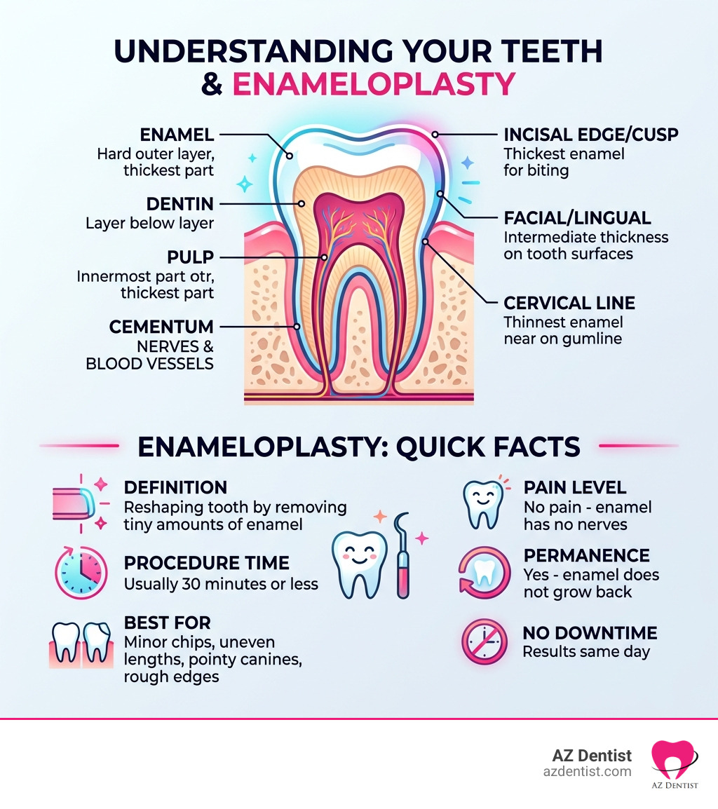 infographic showing tooth layers, enamel thickness by region, and enameloplasty quick facts - enameloplasty infographic 