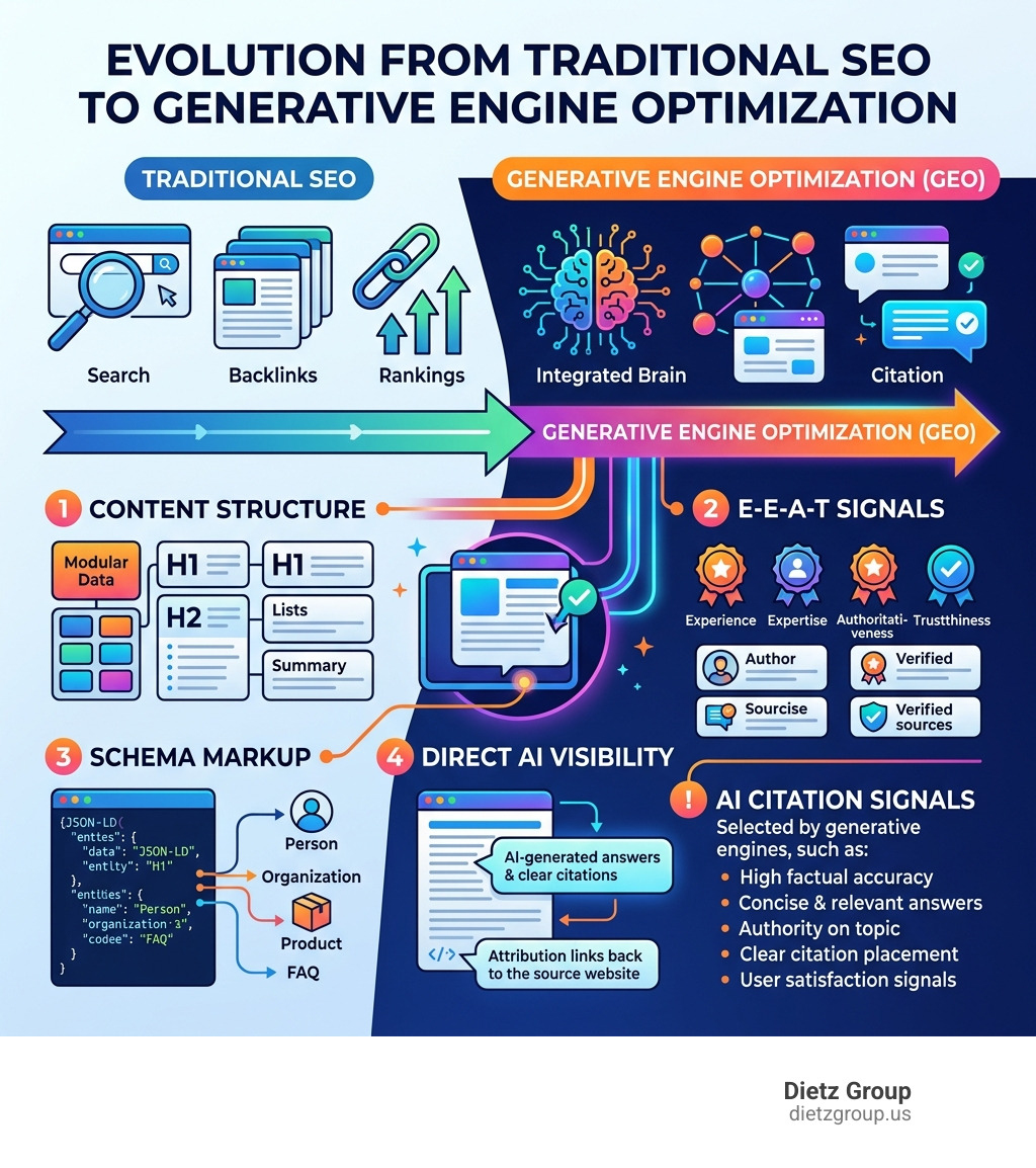 Evolution from traditional SEO to Generative Engine Optimization showing key pillars and AI citation signals - ai search Evolution from traditional SEO to Generative Engine Optimization showing key pillars and AI citation signals - ai search