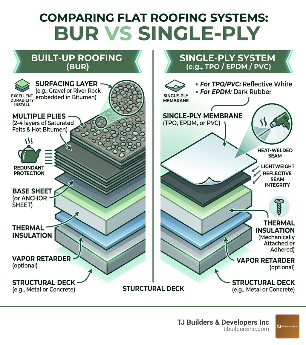 Infographic comparing the layers of a BUR system vs a Single-Ply system - Flat roofing materials infographic Infographic comparing the layers of a BUR system vs a Single-Ply system - Flat roofing materials infographic