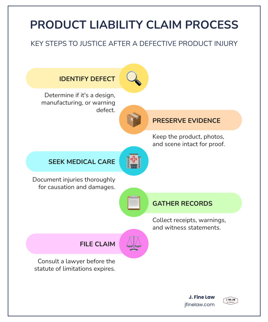 Product liability claim process infographic: defect types, liable parties, damages, and steps to file - Product liability Product liability claim process infographic: defect types, liable parties, damages, and steps to file - Product liability