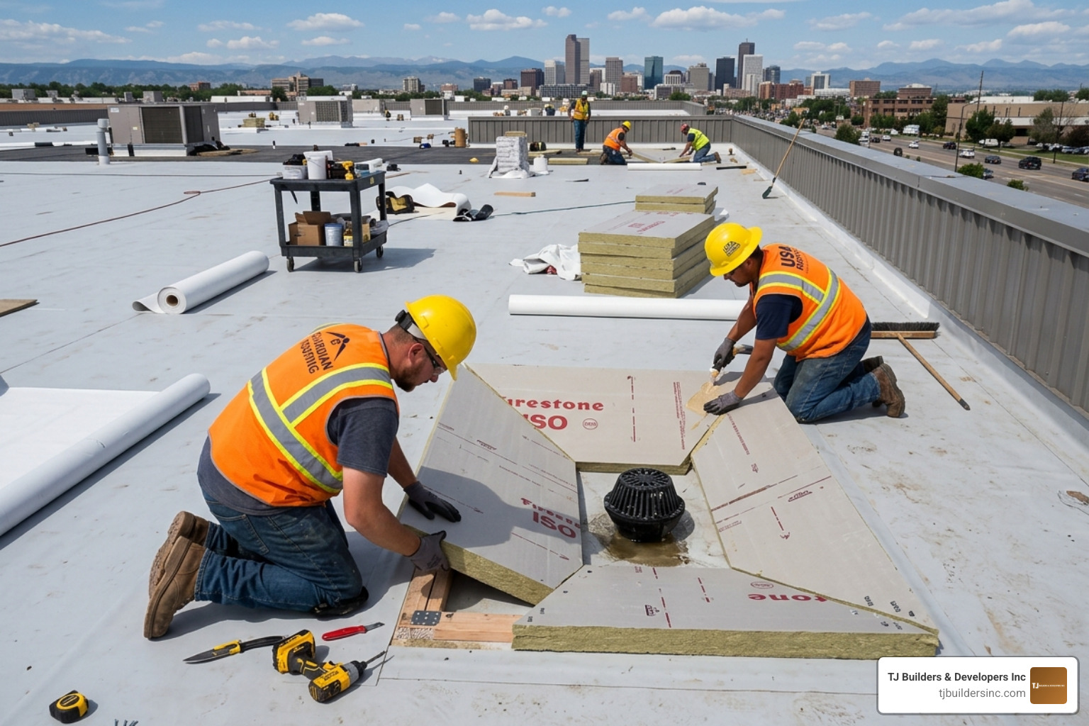 A roof cricket being installed to divert water toward a drain - Flat roofing materials A roof cricket being installed to divert water toward a drain - Flat roofing materials