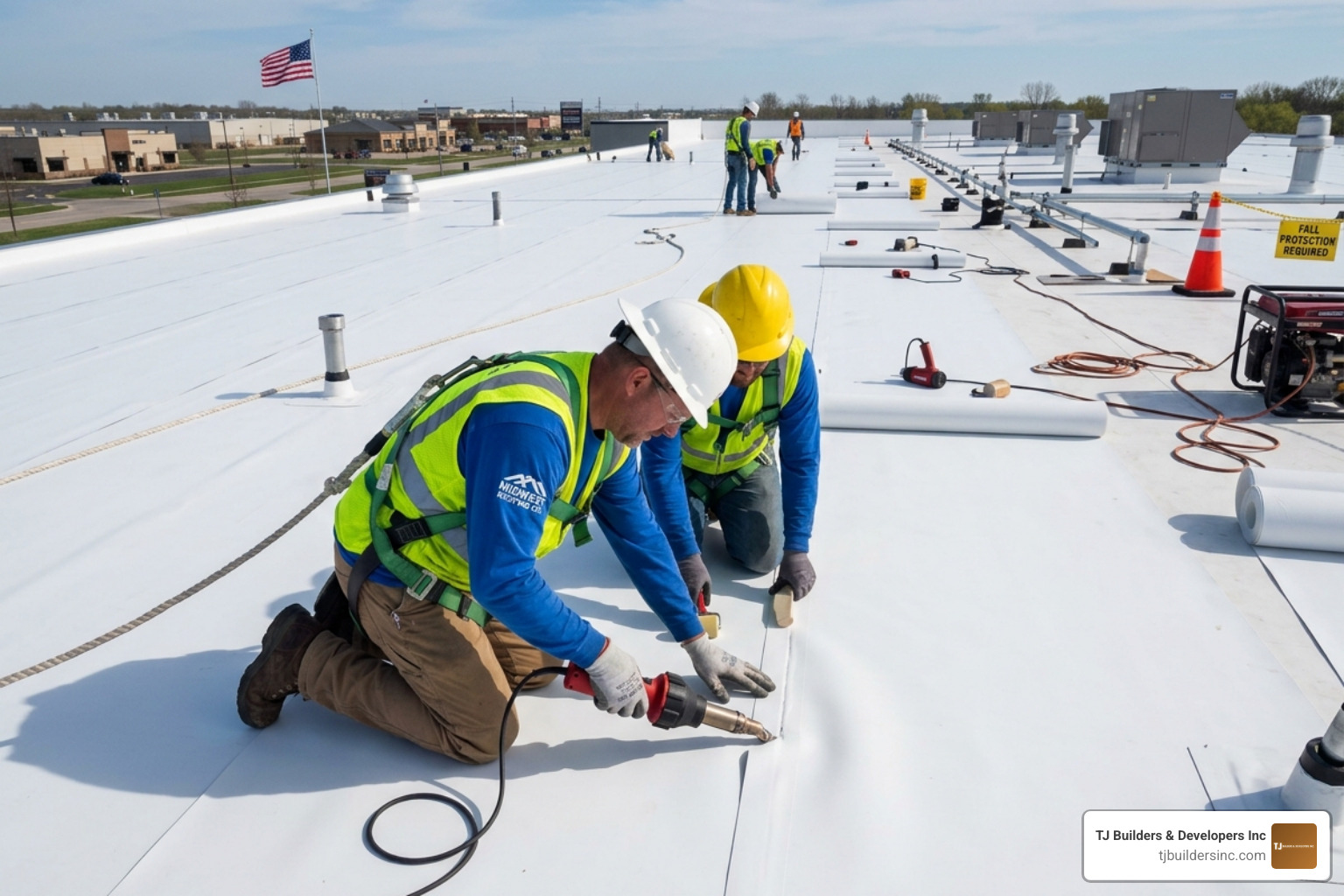 A roofing crew using a hot-air welder on white TPO membrane - Flat roofing materials A roofing crew using a hot-air welder on white TPO membrane - Flat roofing materials