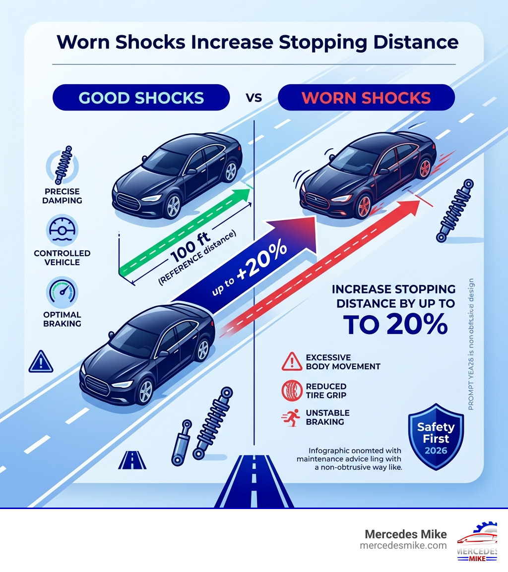 Stat showing that worn shocks can increase stopping distance by up to 20 percent - suspension fix near me infographic 