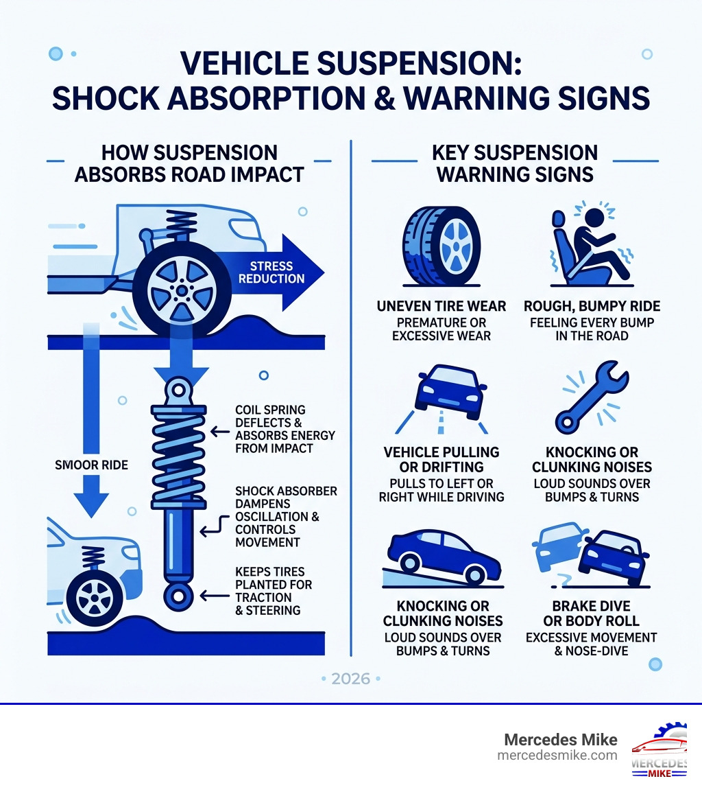 Infographic showing how vehicle suspension absorbs road impact and key warning signs - suspension fix near me infographic 