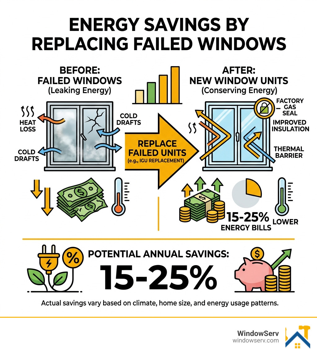 infographic showing energy savings of 15-25% after replacing failed window units - Condensation between window panes
