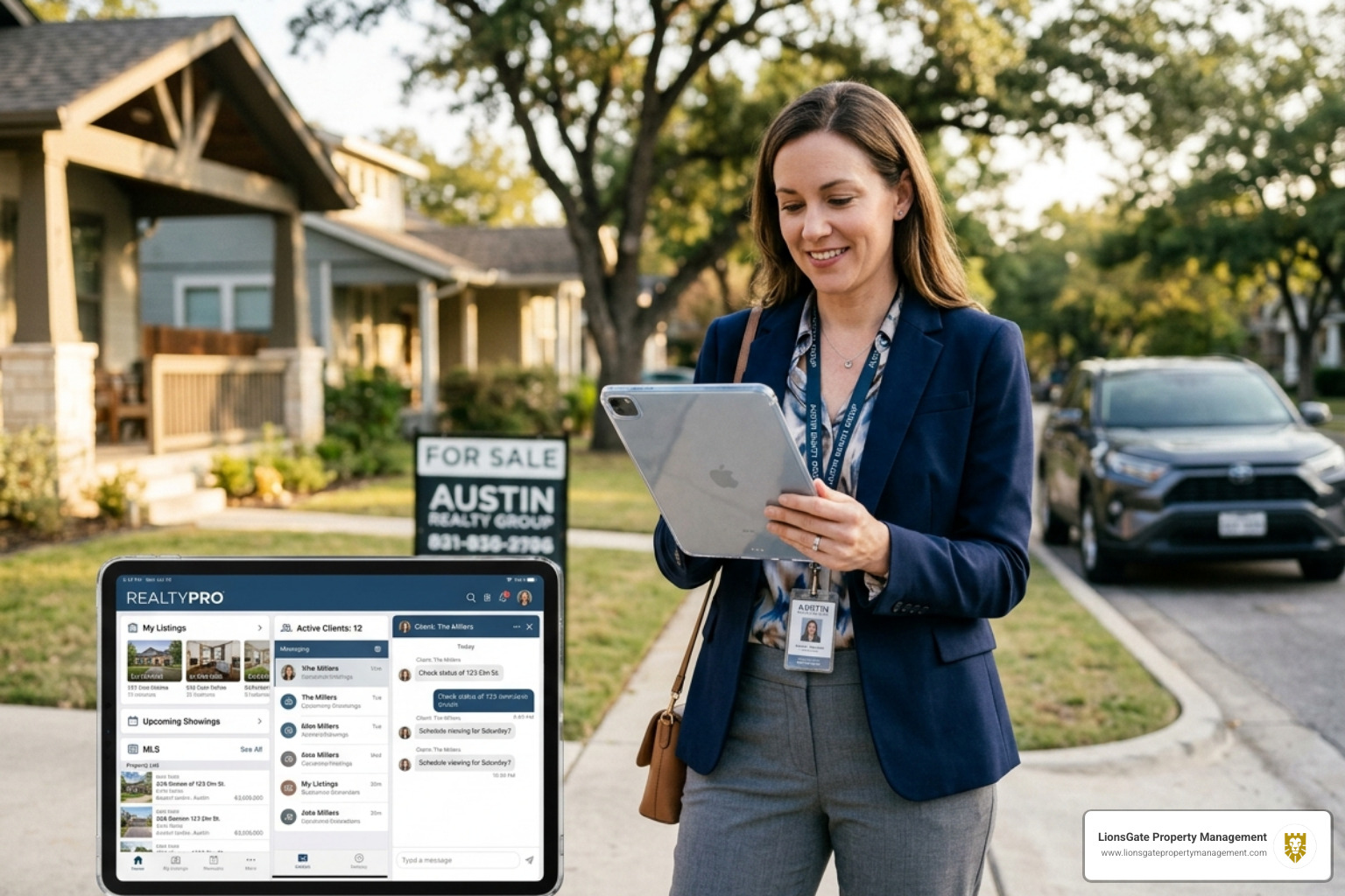 Real estate professional using a tablet to manage property listings and client communications - realtor benefits program Real estate professional using a tablet to manage property listings and client communications - realtor benefits program