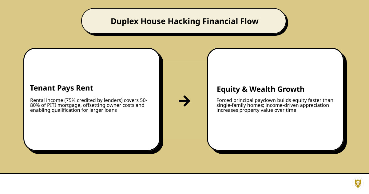 Financial flow diagram of owner-occupied duplexes showing rent, mortgage offset, equity growth, and reserves - guaranteed