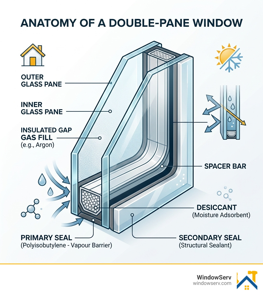 anatomy of a double-pane window showing seal layers, spacer bar, gas fill, and desiccant - Condensation between window panes
