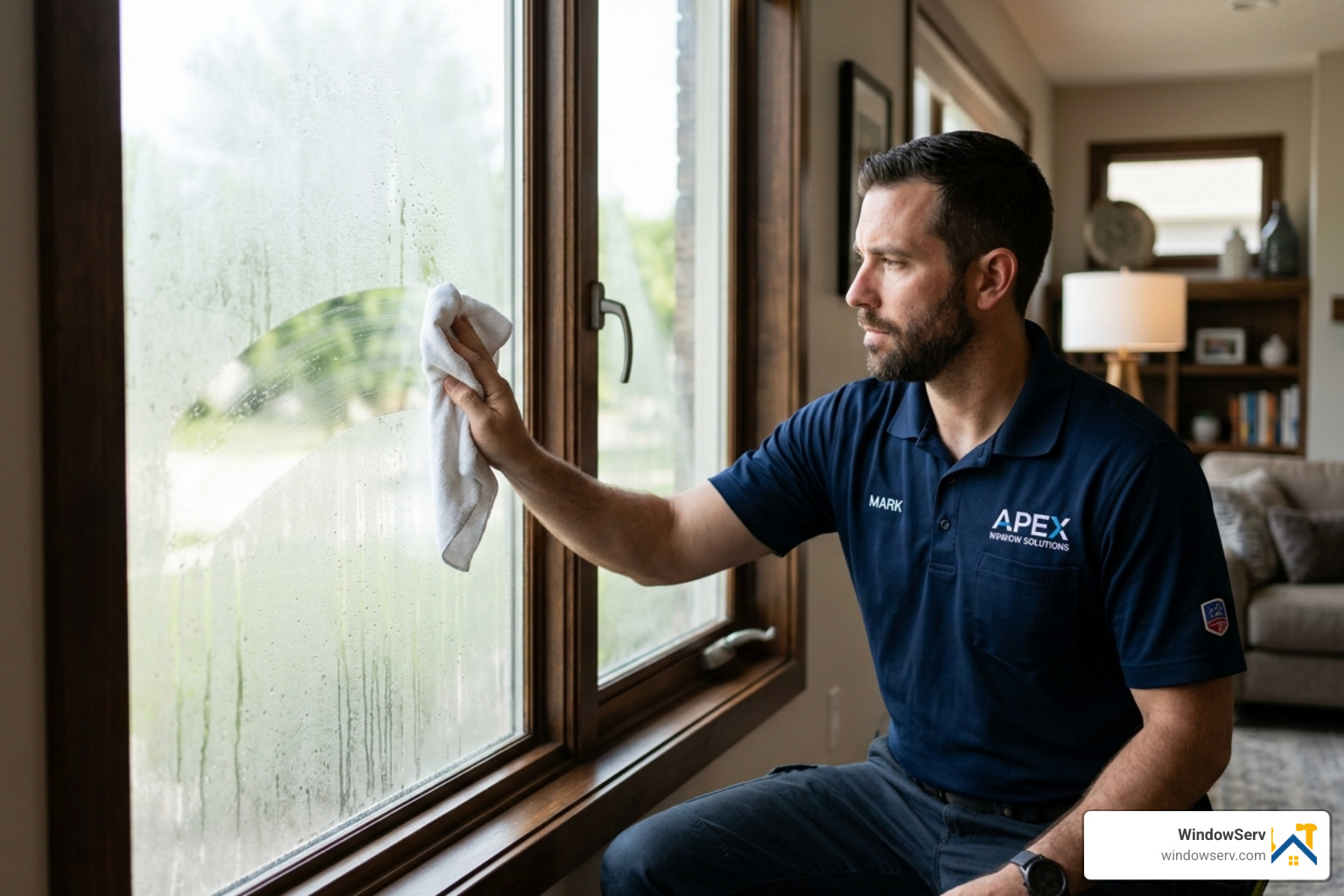 technician performing a wipe test on a foggy double-pane window - Condensation between window panes