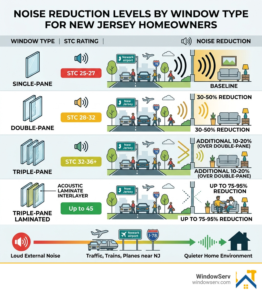 Infographic showing noise reduction levels by window type and STC rating for NJ homeowners - quiet replacement windows NJ
