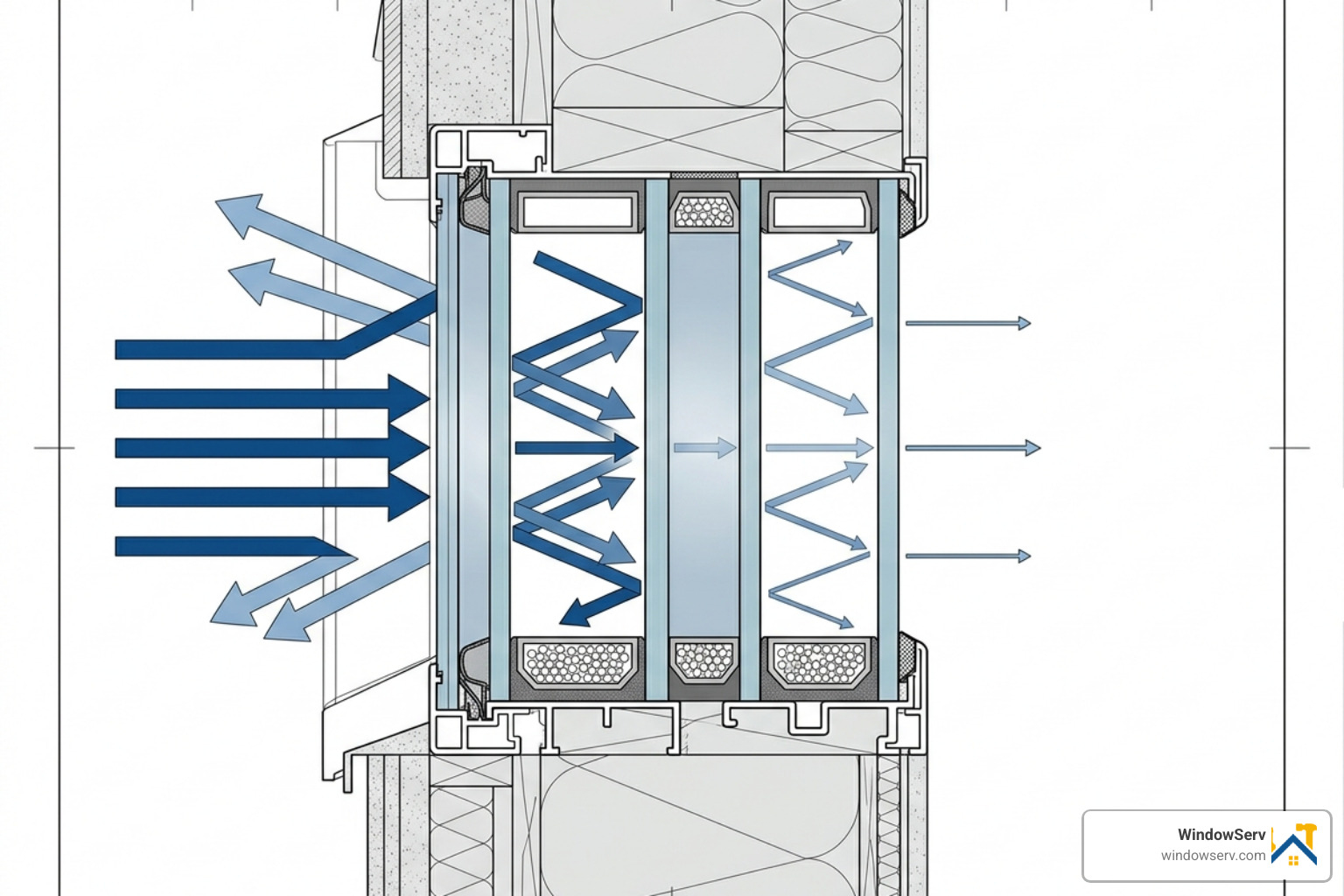 Diagram of multi-pane glass layers showing sound wave disruption - quiet replacement windows NJ