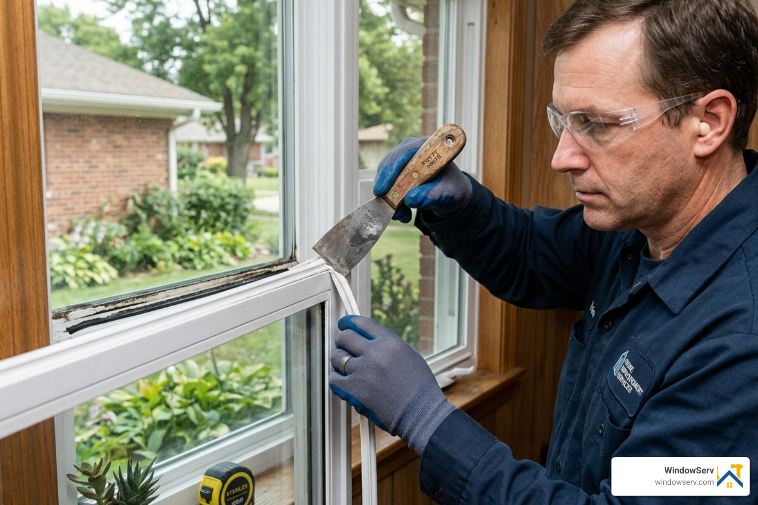 Technician using a putty knife to carefully remove glazing beads from a vinyl window frame - replace sealed glass unit Technician using a putty knife to carefully remove glazing beads from a vinyl window frame - replace sealed glass unit