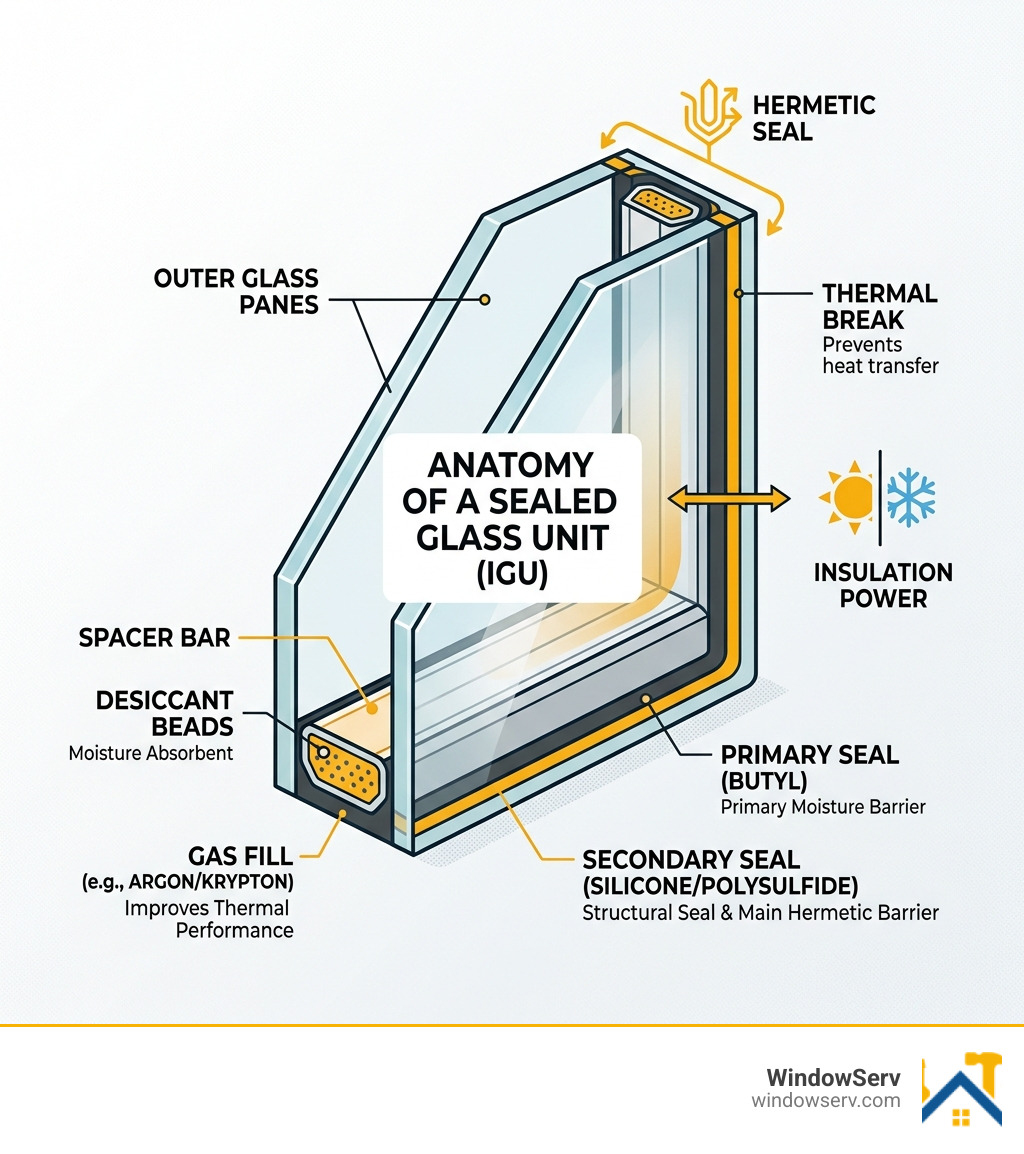 Anatomy of a sealed glass unit showing spacers, desiccant beads, gas fill, and hermetic seal layers - replace sealed glass Anatomy of a sealed glass unit showing spacers, desiccant beads, gas fill, and hermetic seal layers - replace sealed glass