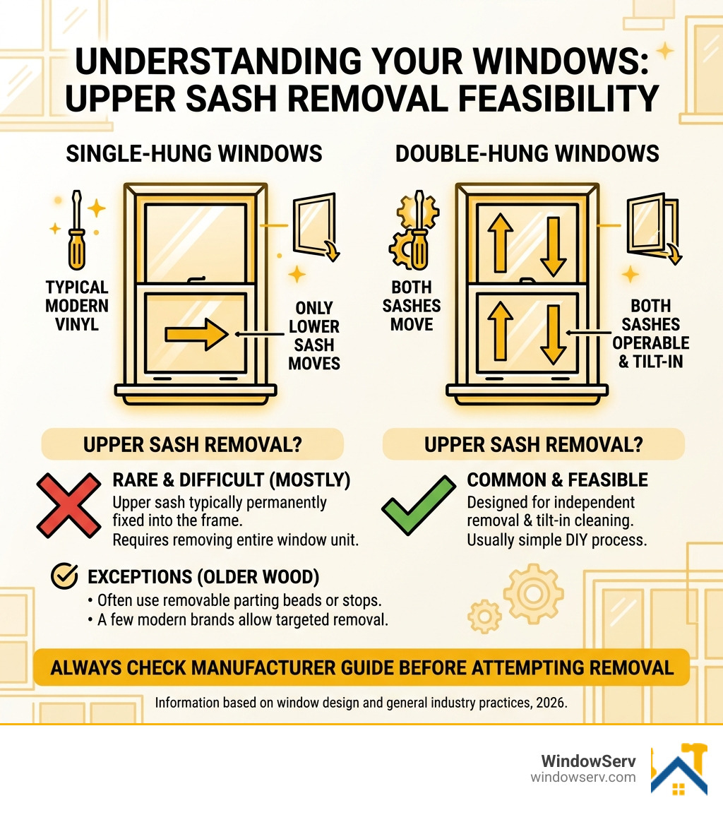 Infographic showing single-hung vs double-hung window sash differences and upper sash removal feasibility - replace upper