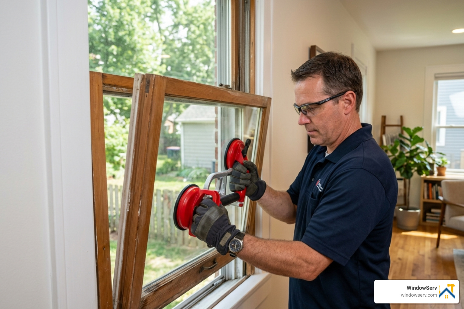 Professional using suction cups to hold a window sash during removal - replace upper sash single hung window