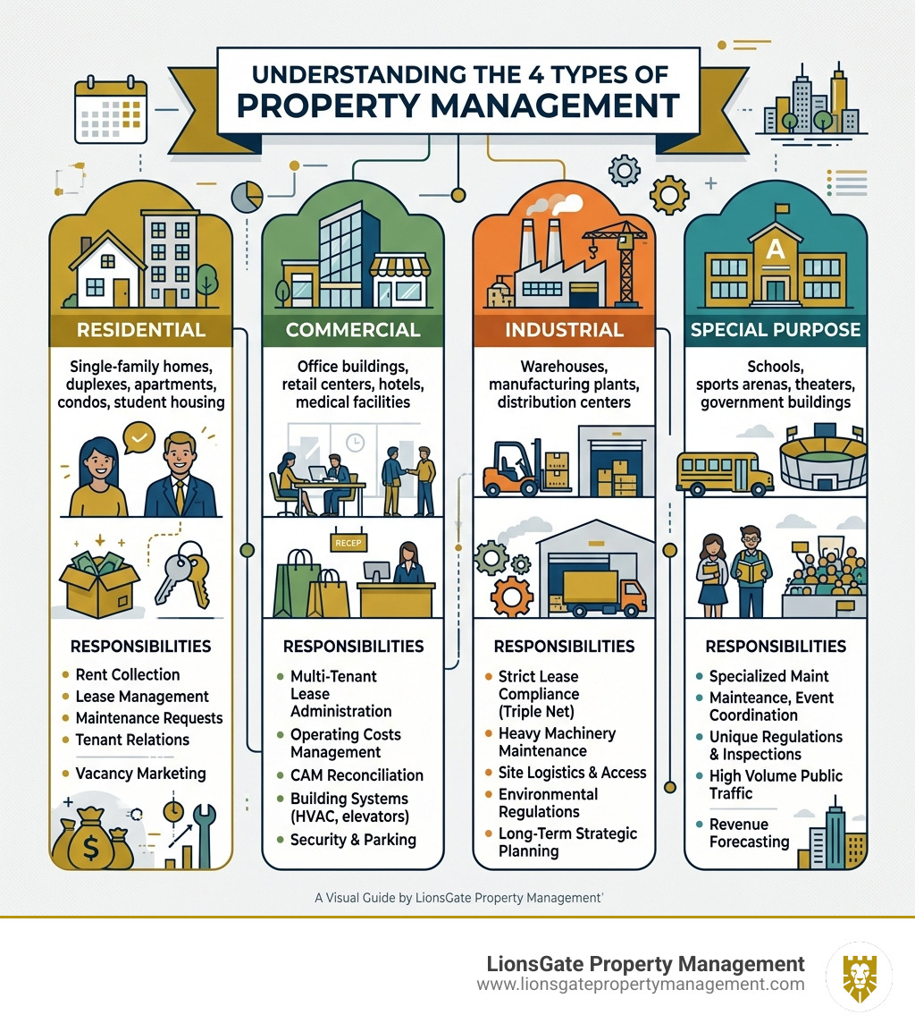 Infographic showing the 4 types of property management with key examples and responsibilities - types of property management