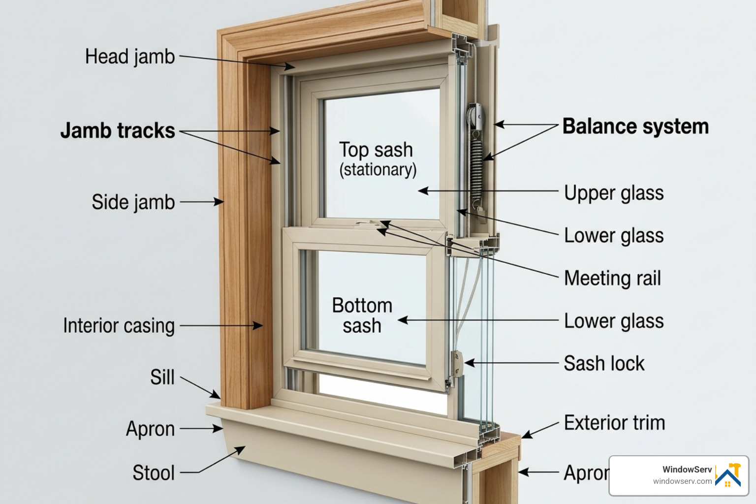 Diagram of window components showing jamb tracks, sash, and balance system - replace upper sash single hung window