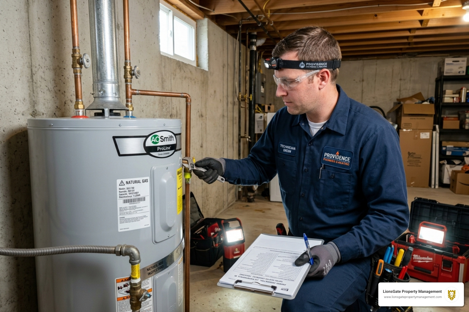 technician in Providence RI performing a scheduled inspection on a residential water heater - preventive maintenance rental technician in Providence RI performing a scheduled inspection on a residential water heater - preventive maintenance rental