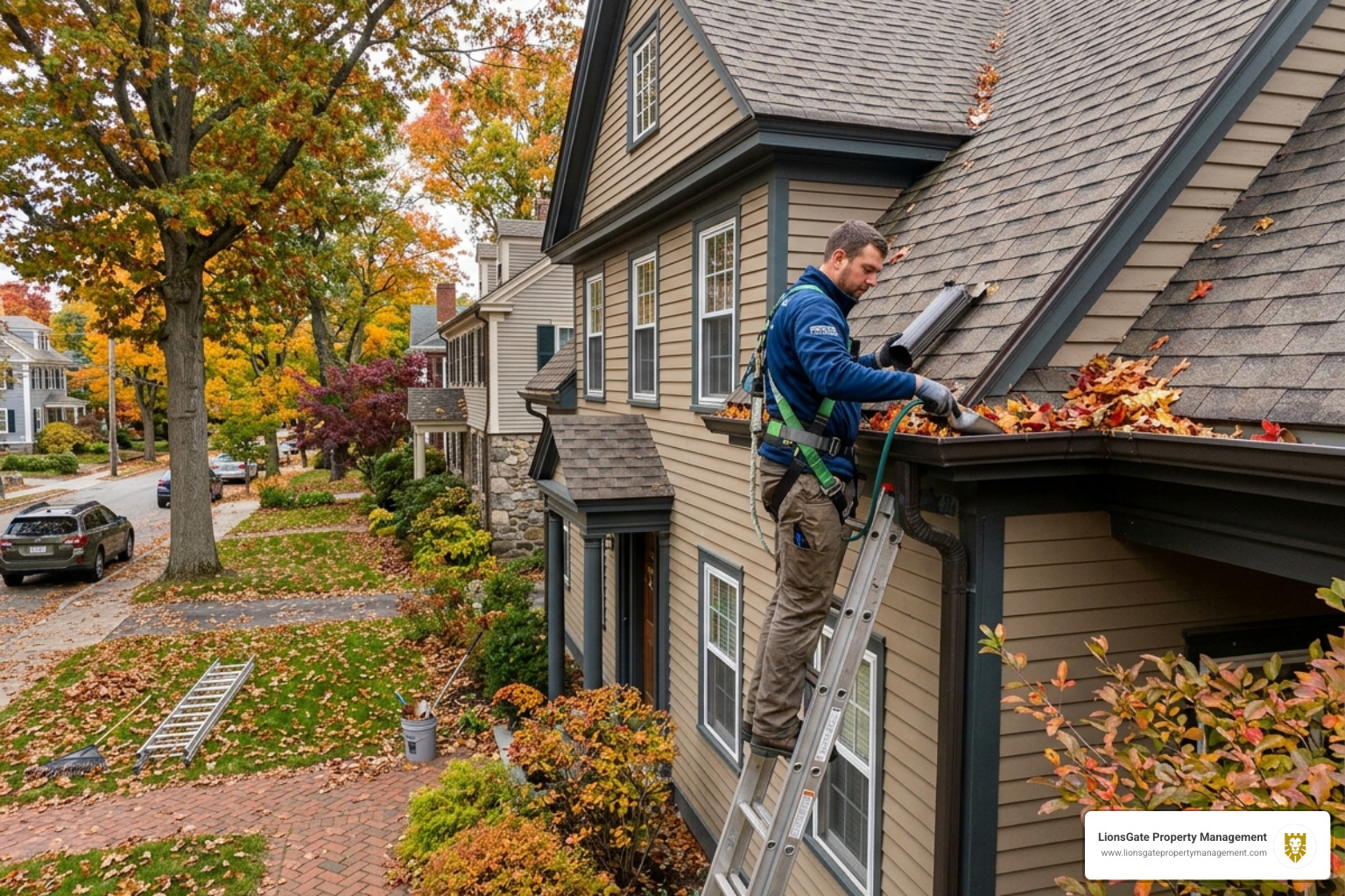 contractor in Providence cleaning gutters and checking drainage systems during the fall season - preventive maintenance contractor in Providence cleaning gutters and checking drainage systems during the fall season - preventive maintenance
