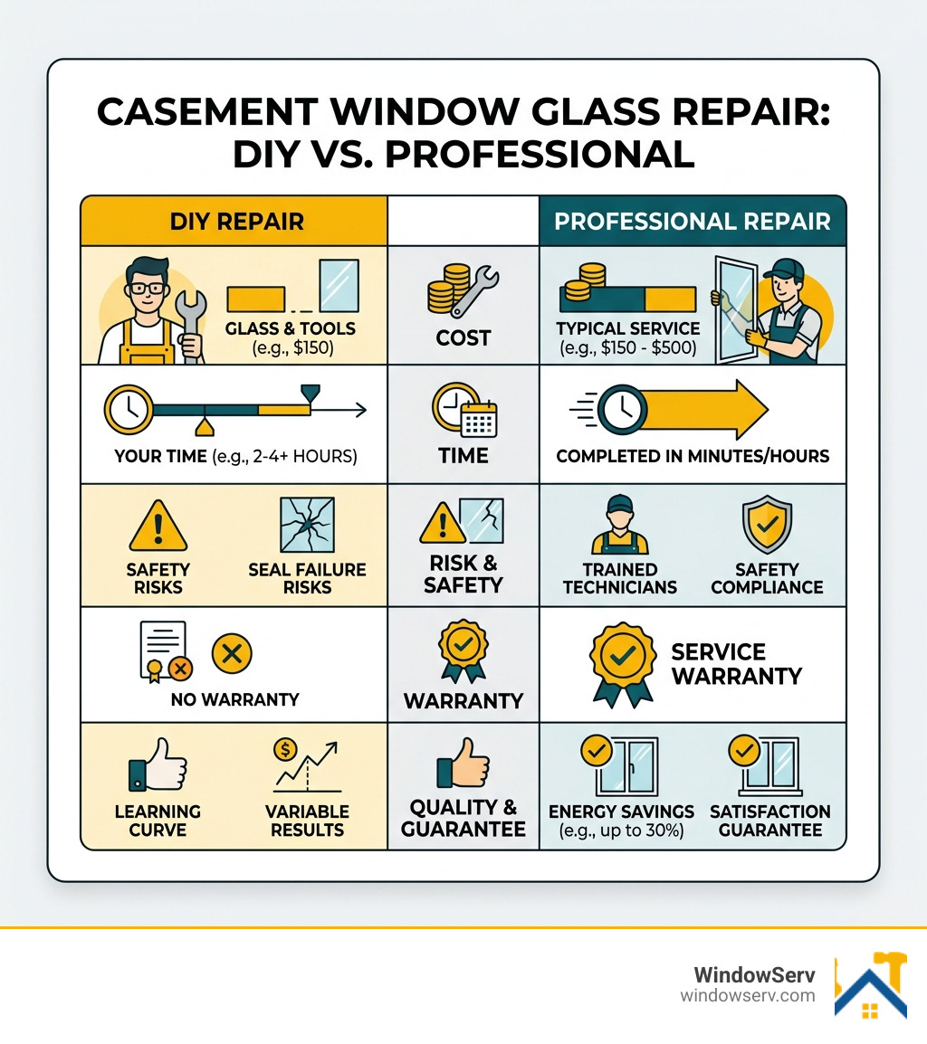 Comparison table of DIY vs Professional repair costs and benefits - casement window glass repair infographic Comparison table of DIY vs Professional repair costs and benefits - casement window glass repair infographic