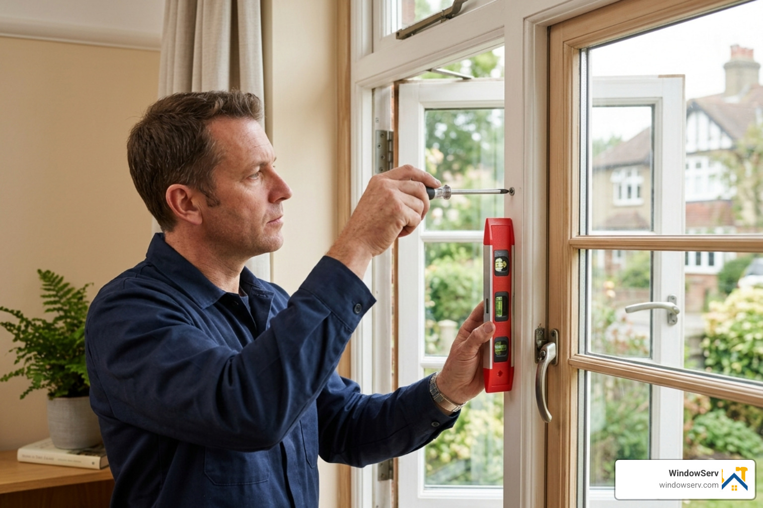 Technician using a level and screwdriver to realign a casement window sash within its frame - casement window repair NJ Technician using a level and screwdriver to realign a casement window sash within its frame - casement window repair NJ