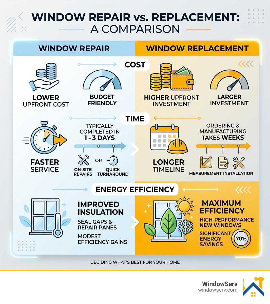 Infographic comparing the benefits of window repair vs. replacement: cost, time, and energy efficiency - broken window Infographic comparing the benefits of window repair vs. replacement: cost, time, and energy efficiency - broken window