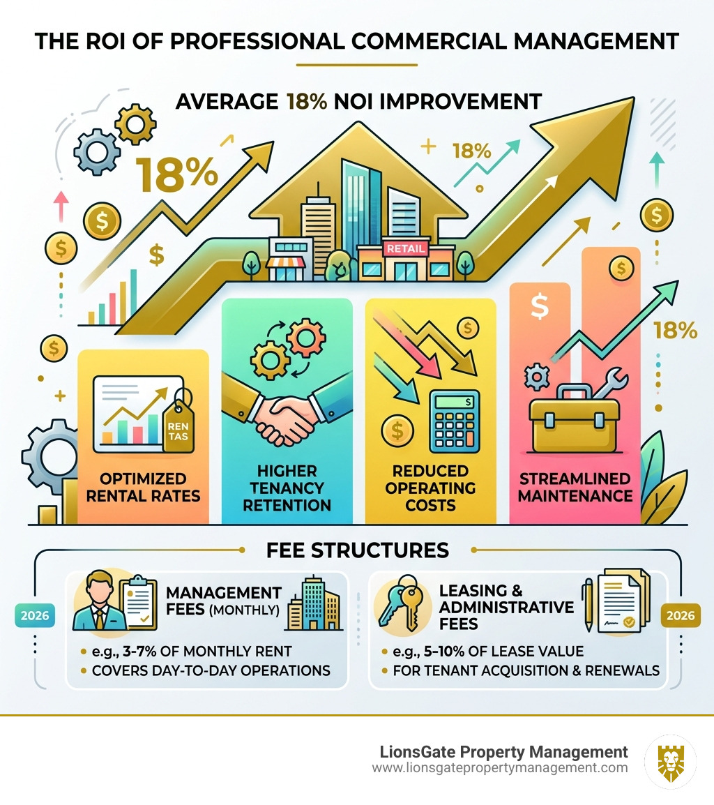 Infographic showing the ROI of professional commercial management including 18% NOI improvement and fee structures Infographic showing the ROI of professional commercial management including 18% NOI improvement and fee structures