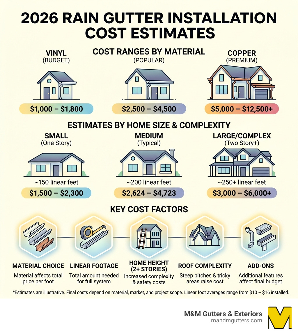 Infographic showing 2026 rain gutter installation cost ranges by material, home size, and key cost factors - cost to have Infographic showing 2026 rain gutter installation cost ranges by material, home size, and key cost factors - cost to have