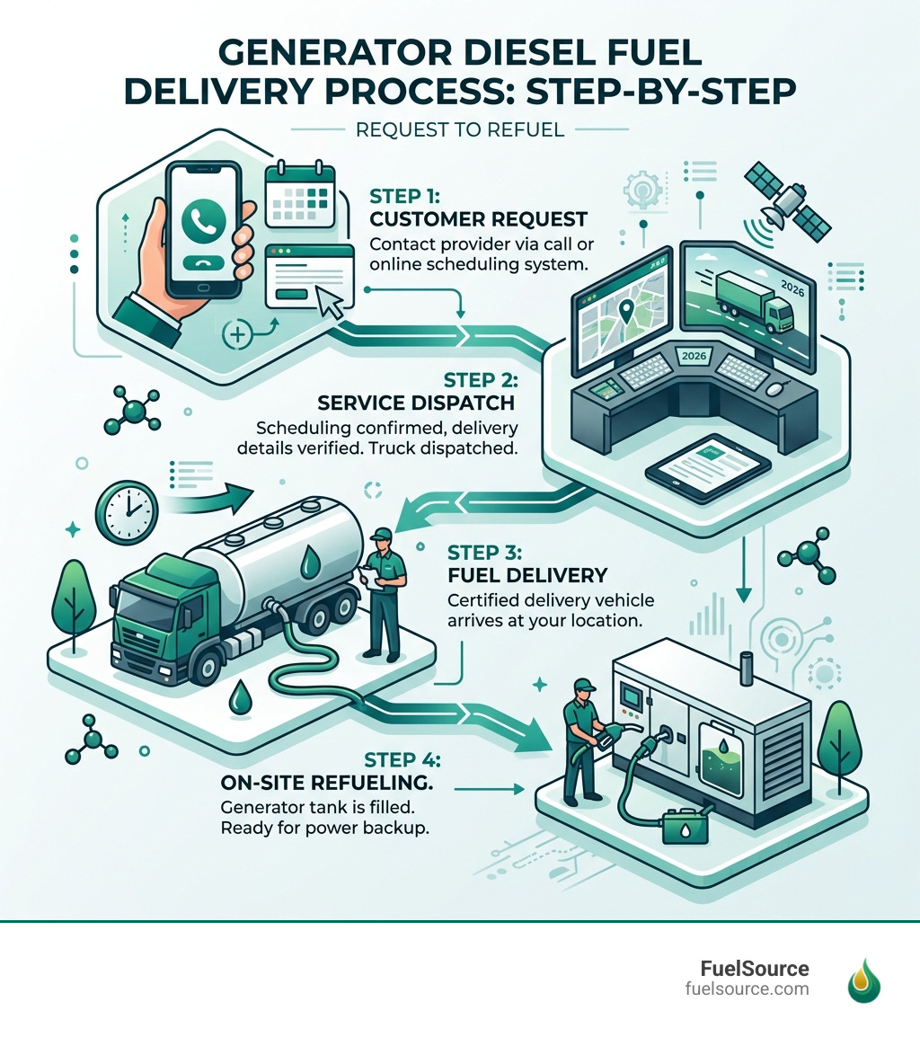 Infographic: step-by-step generator diesel fuel delivery process from request to refuel - generator diesel fuel delivery