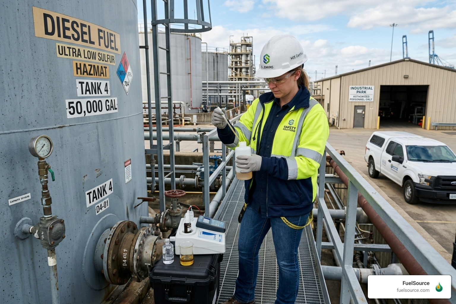 Technician using a fuel testing kit on a storage tank - generator diesel fuel delivery