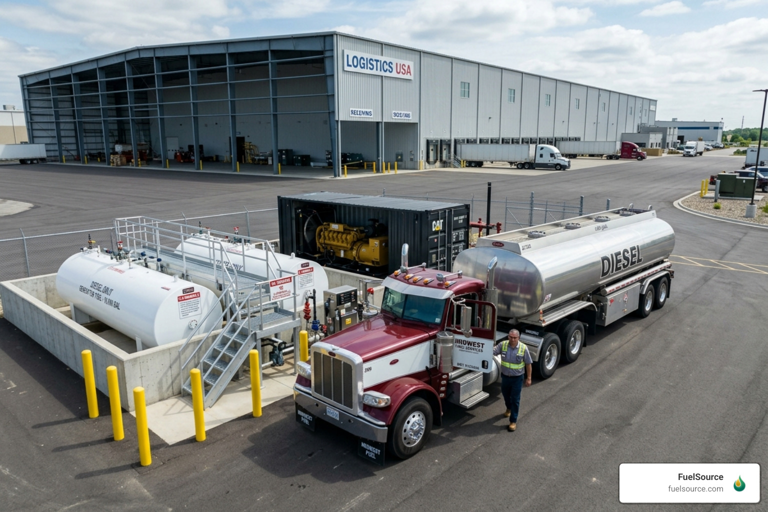 Fuel delivery truck arriving at a commercial facility - generator diesel fuel delivery
