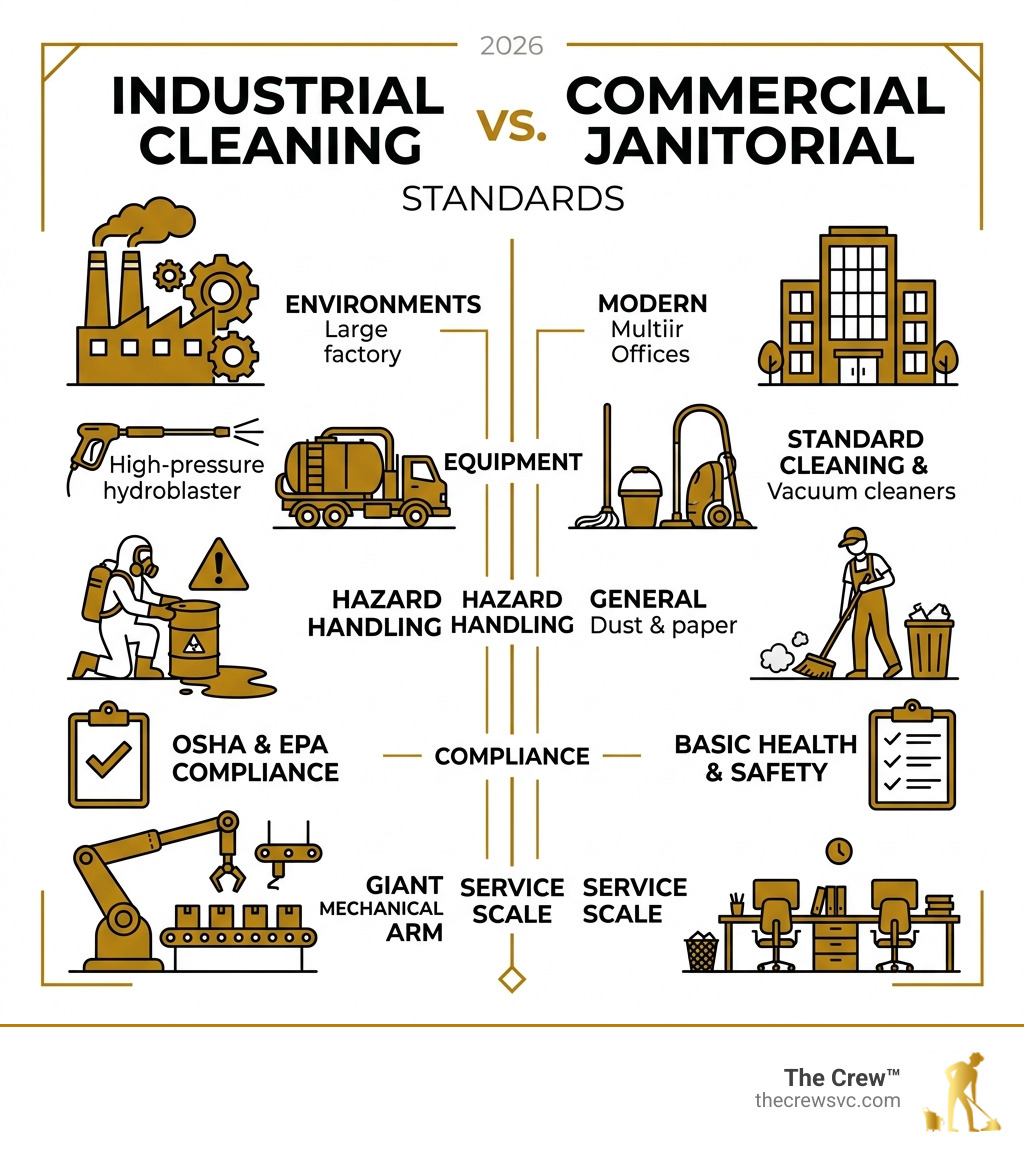 Industrial cleaning vs commercial janitorial standards infographic comparison - industrial cleaning companies infographic 