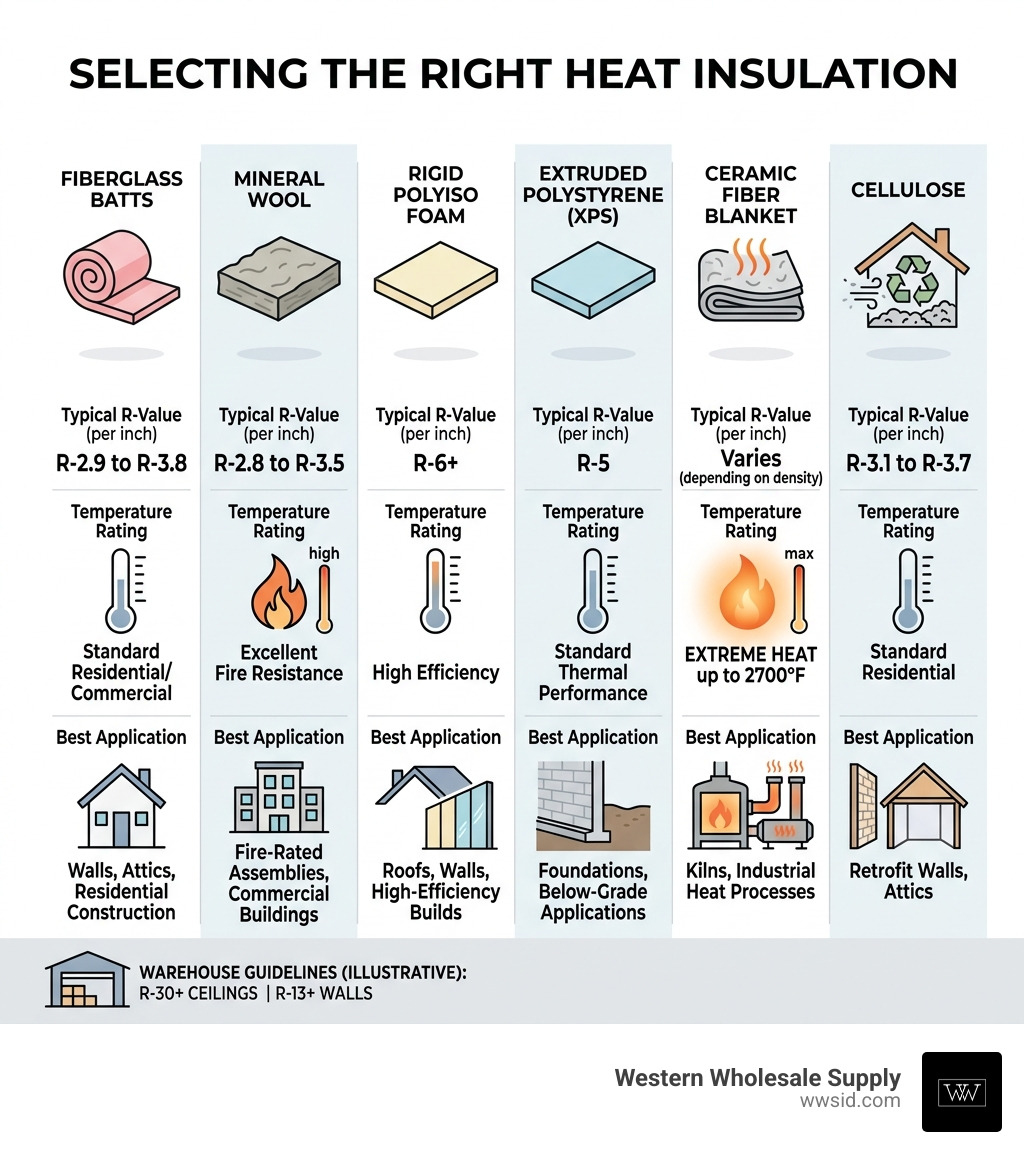 Infographic comparing heat insulating materials by R-value, temperature rating, and best application - heat insulating Infographic comparing heat insulating materials by R-value, temperature rating, and best application - heat insulating