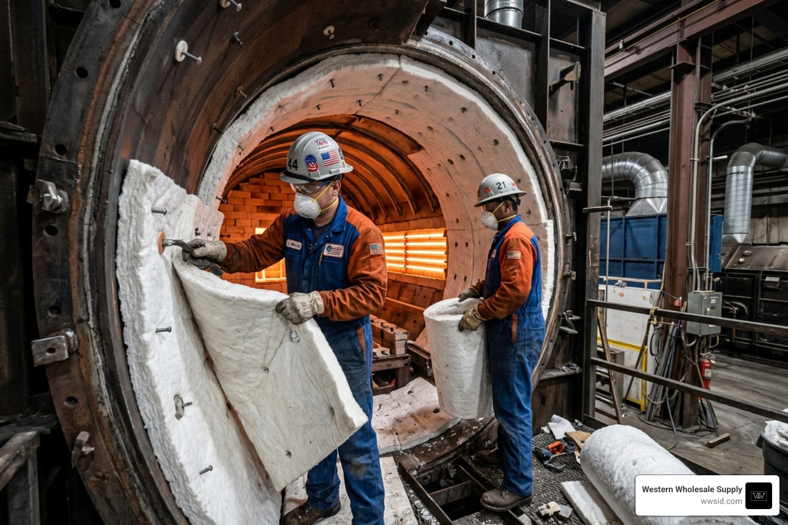 Ceramic fiber blankets being installed in a high-heat industrial kiln environment - heat insulating materials Ceramic fiber blankets being installed in a high-heat industrial kiln environment - heat insulating materials
