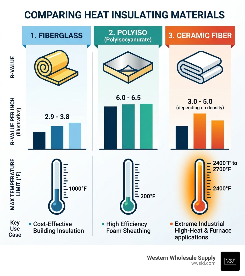 Infographic comparing the R-values and temperature limits of fiberglass, polyiso, and ceramic fiber - heat insulating Infographic comparing the R-values and temperature limits of fiberglass, polyiso, and ceramic fiber - heat insulating
