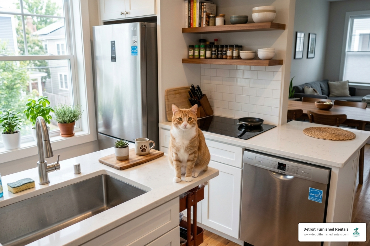 cat on kitchen counter with energy-efficient appliances - pet friendly utilities included apartments